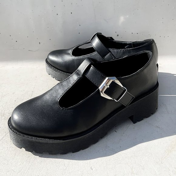 NEW Mary Jane Platform T-Strap Chunky Lug Sole Goth Altercore Loafer Shoes Black - Picture 14 of 14